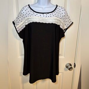 Black + white polka dot lace top with cap sleeves by Faith & Joy Size L